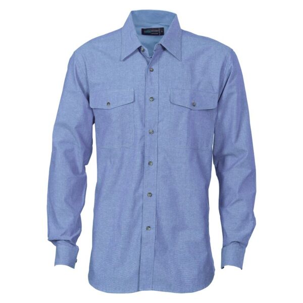 Mens Twin Flap Pocket Cotton Chambray Long Sleeve Thumbnail